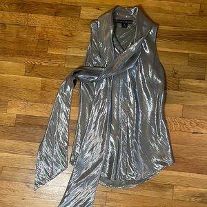 Ralph Lauren Silver Metallic Sleeveless Tie-Neck Blouse